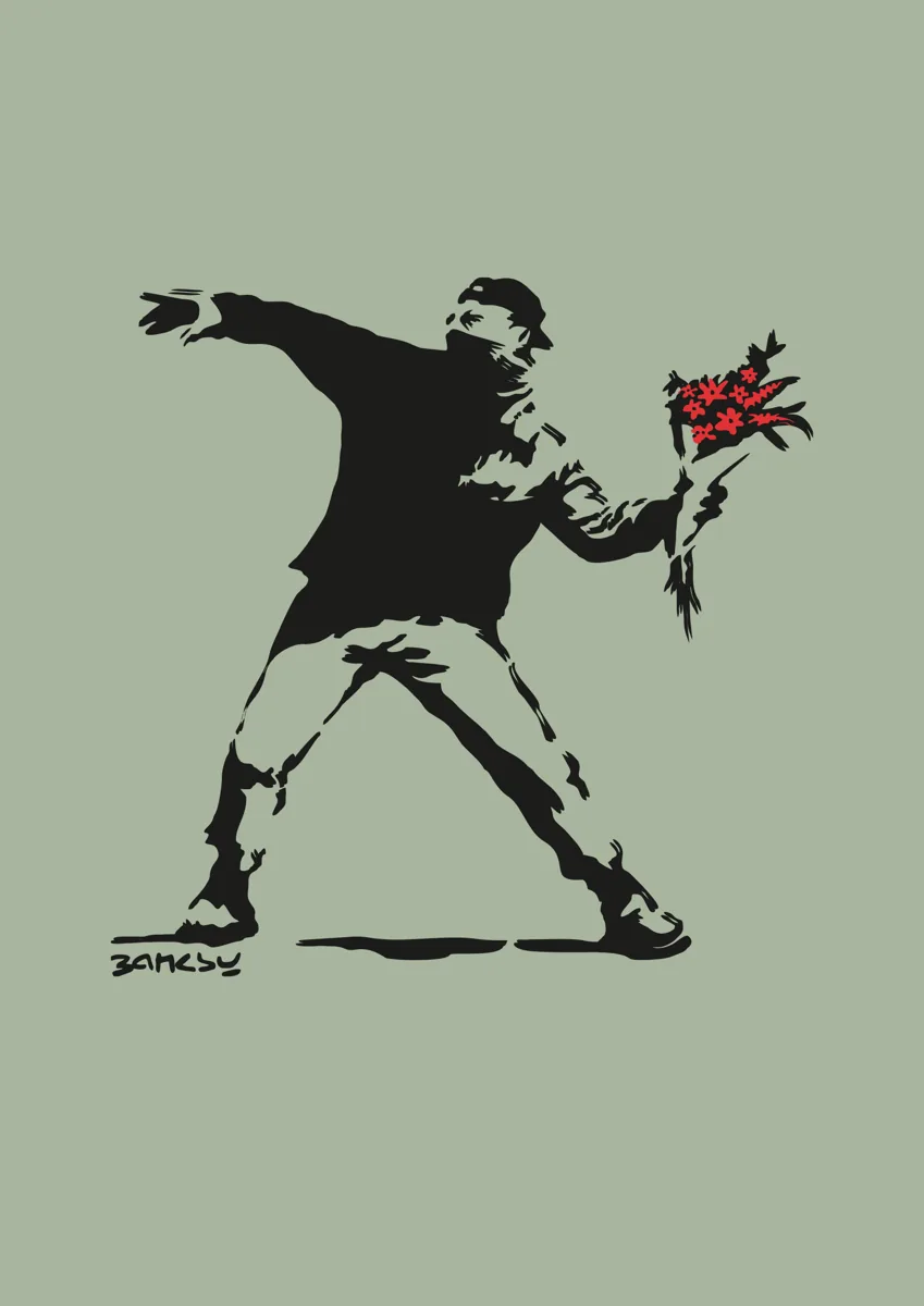 Banksy Flower Thrower protester throwing a red bouquet