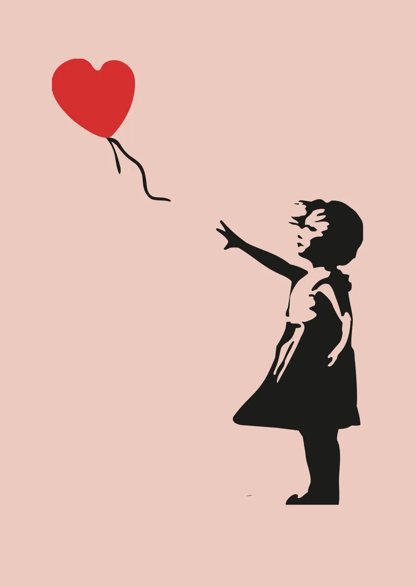 Banksy Girl with Balloon stencil with red heart-shaped balloon