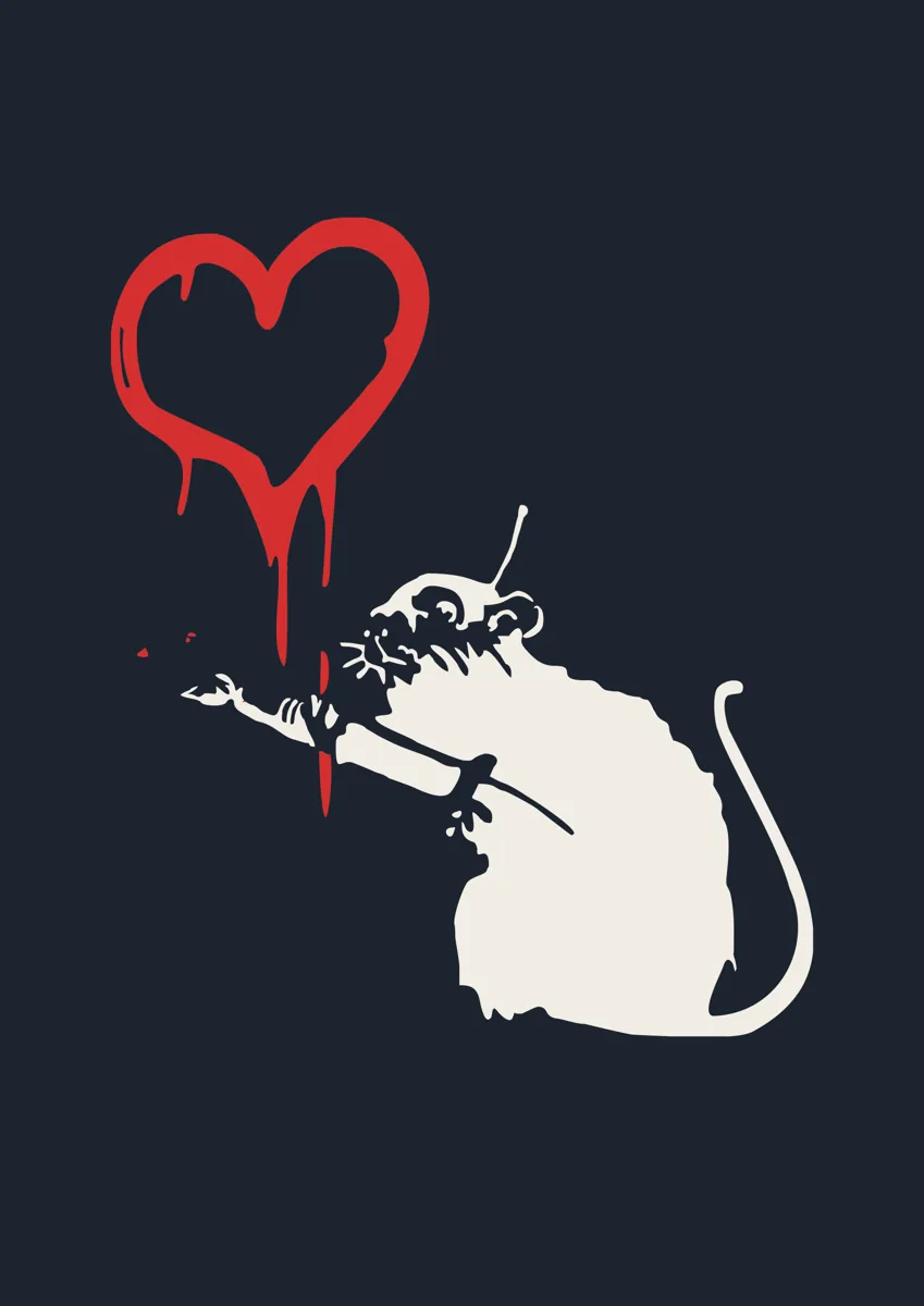 Banksy Love Rat stencil painting a dripping red heart