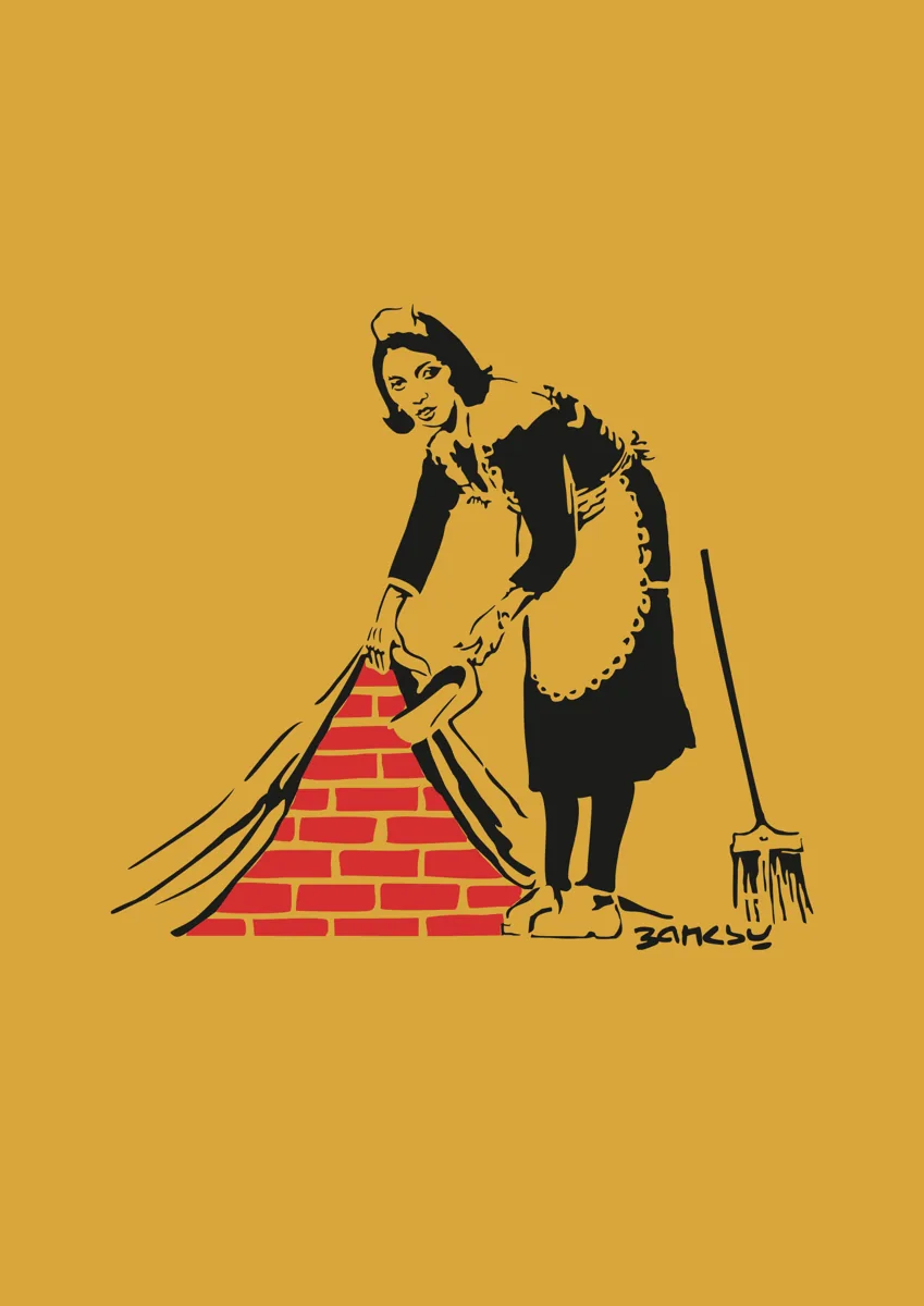Banksy maid sweeping dust under the carpet revealing red bricks